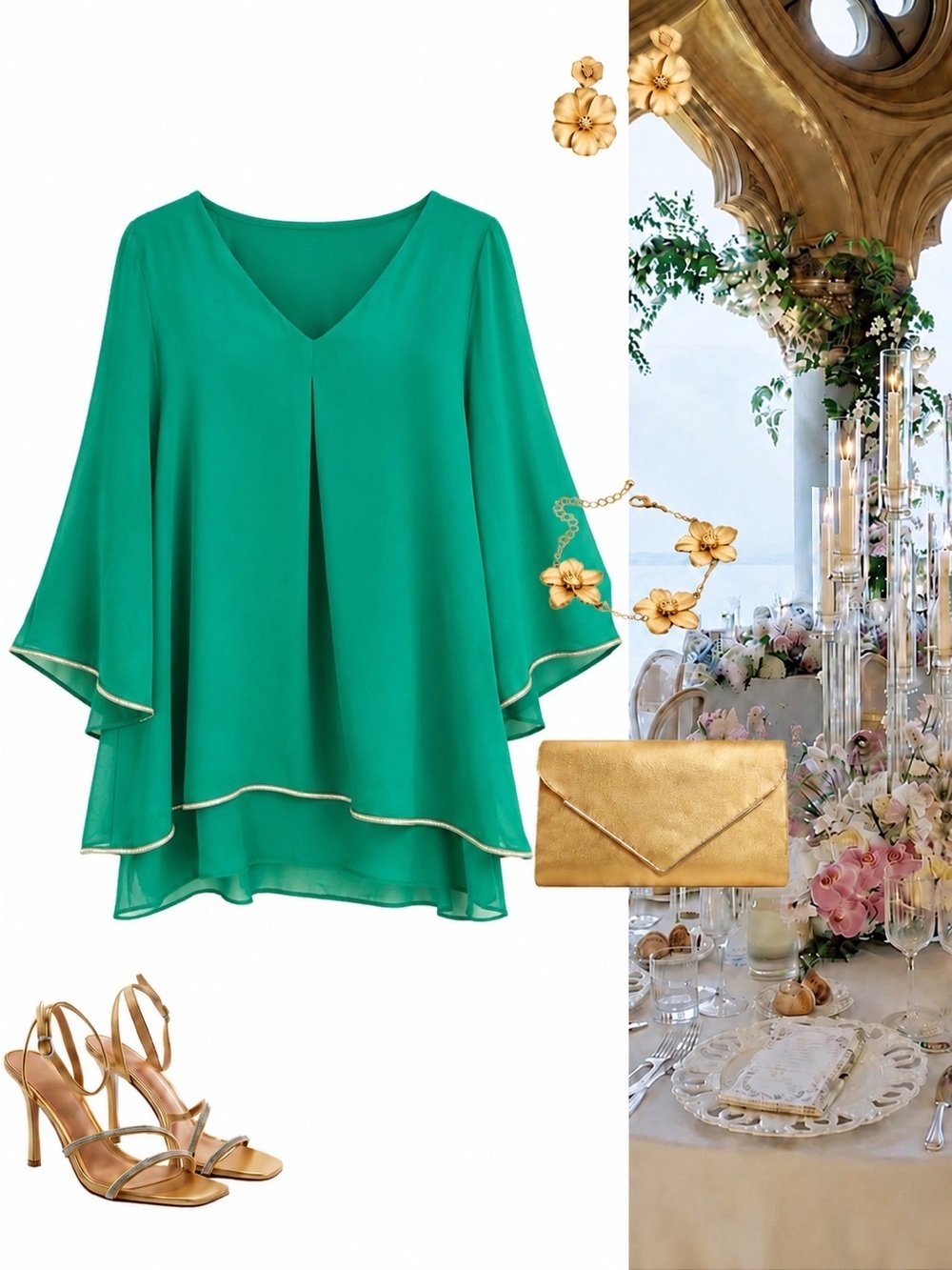Glam queen emerald flowy blouse slits in sleeve Xl ptp 24”